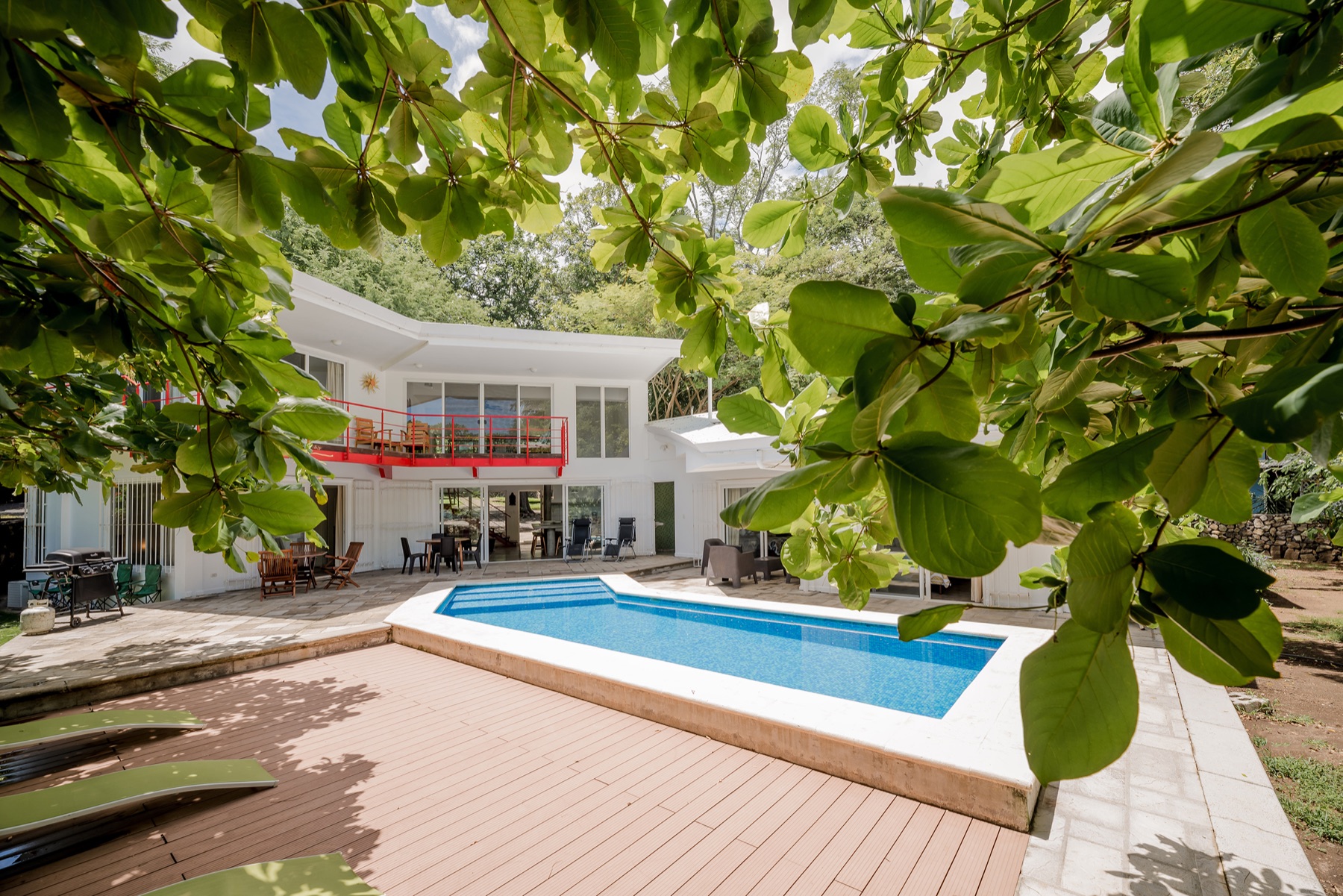House framed by tropical leaves